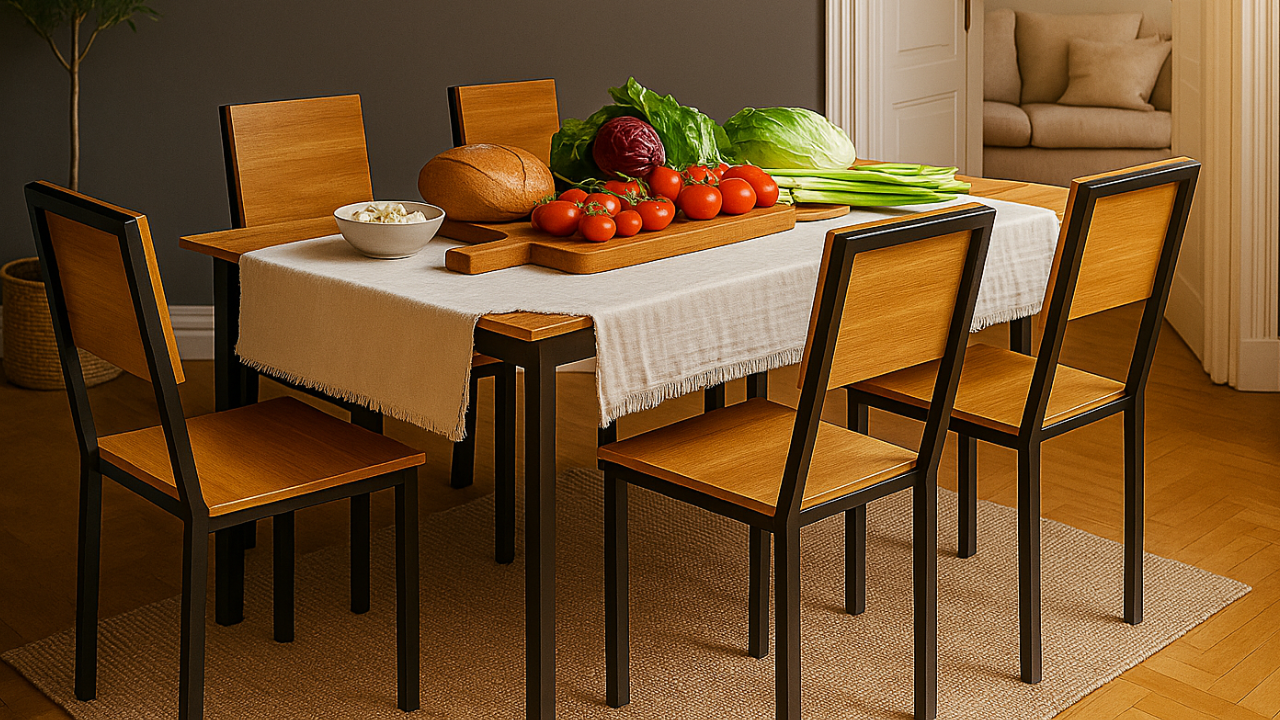 Dinning table 90*180 cm metal frames and wood cladding including 6 metal chairs